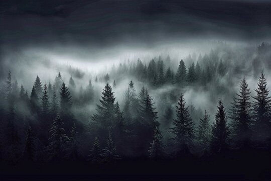 Fog in the forest. Foggy forest in the mountains. Dark foggy landscape.