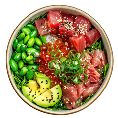 Tuna, green beans , avocado poke bowl on transparent background. 