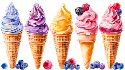 Ice cream of different colors in a waffle cone on a white background. Many different flavors such as strawberry, vanilla and caramel. Garnished with fruit. Advertising for an ice cream parlor. - obrazy, fototapety, plakaty