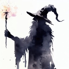 Silhouette of a wizard casting a spell with wand.