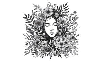 A black and white drawing of a girl wrapped in flowers.