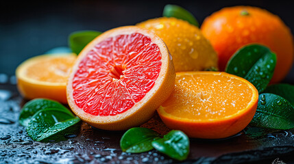 Close-up of grapefruit and oranges with leaves and  juice drops.