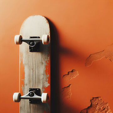 cute retro skateboard leaning against an old orange street wall