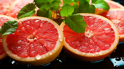 Close-up of grapefruit with leaves and grapefruit juice drops.