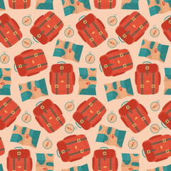 Travel, adventures seamless pattern. Camping Backpack, terrain map, compass. Equipment for travel, nikes, trips tourism, voyage. Repeated Flat vector illustration for wallpaper, textile, wrapping. - obrazy, fototapety, plakaty