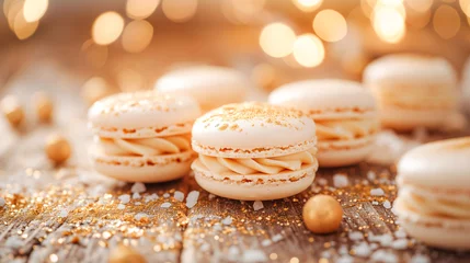 Fototapeten White caramel macarons close-up with ganache filling on a rustic wooden table sprinkled with gold dust. © beoyou