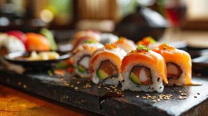 Top view of a dish of sushi rolls, rolls. Delicious, appetizing sushi