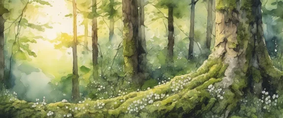Fotobehang The trunk of a thick tree covered with moss and white flowers in the forest. Watercolor drawing. © Павел Кишиков