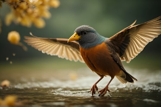 A colorful bird with wings spread in water surrounded by yellow leaves. A tranquil and beautiful natural scene.