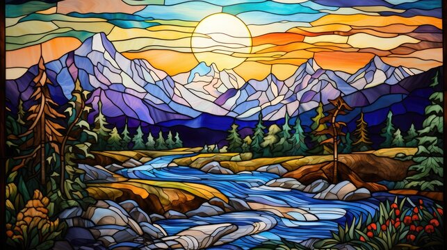 Stained glass window background with colorful, landscape with a lake.