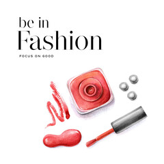 Be in fashion pattern ( hand drawing).
Red nail polish with red dots. Hand drawing watercolor illustration.