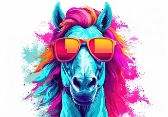 Horse muzzle with sunglasses. Close-up portrait of a stallion in trendy watercolor style. Digital art. Printed design of t-shirt, mug, case, etc. Illustration for varied design.