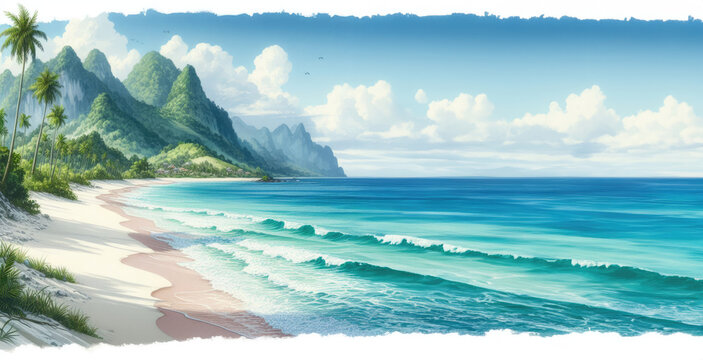 The azure ocean and the beach. Mountains in the background. Watercolor drawing.