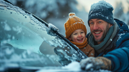 Father and son bonding while scraping the ice off the car's windshield - obrazy, fototapety, plakaty