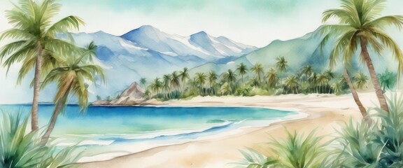 Fototapeta na wymiar The blue ocean and palm trees on the shore. Green mountains on the background. Watercolor drawing.