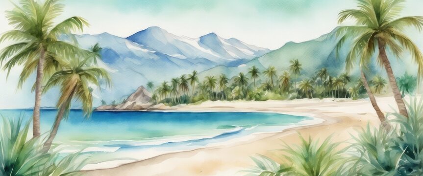 The blue ocean and palm trees on the shore. Green mountains on the background. Watercolor drawing.