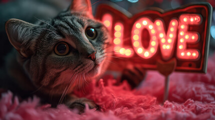 tiger cat is holding LOVE lid sign 
