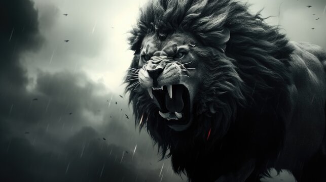Close-up of the head of an aggressive lion ready to attack. Wild animal in monochrome style. Illustration for cover, card, postcard, interior design, banner, poster, brochure or presentation.