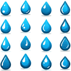 Collection of Blue Water Drop Shapes in Flat Style Assorted Water and Drops, Isolated on White Background