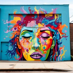 a colorful painting of a woman's face on a building