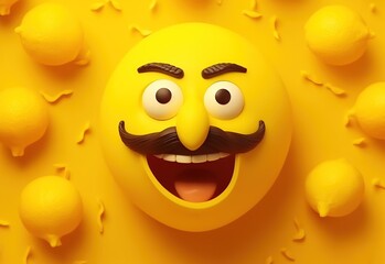 A happy and laughing emoticon with a mustache. Social media and communications concept. Abstract emotional face. Facial expression. Sphere. Illustration for banner, poster, cover, brochure, etc