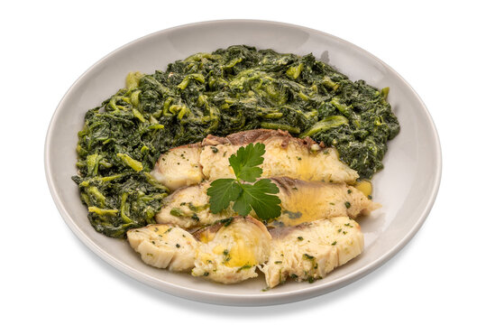 Smooth common shark fish, slices of fish cooked with olive oil parsley leaves and side of cooked spinach in white plate isolated
