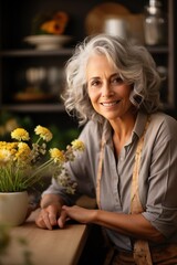 Portrait of a smiling mature woman with gray hair and yellow flowers