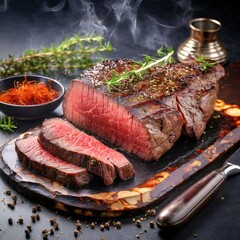 Culinary Elegance: Aromas of Rare Steak, Rosemary, Salt, and Pepper Frying.