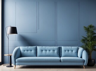 Blue sofa against paneling wall. Minimalist loft home interior design