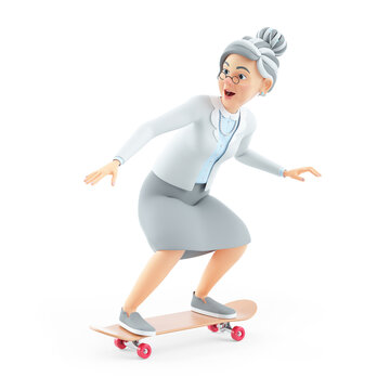 3d cartoon granny doing skateboard