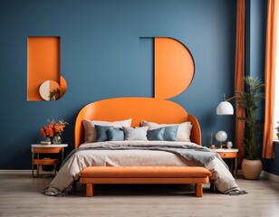 Bed and bench against orange and blue wall with copy space. Art deco interior design