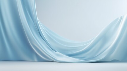 Ethereal blue silk drapes in backdrop of an elegant white stage, Premium showcase mockup template for Beauty, Cosmetic, Luxury products, with copy space for text