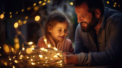 Proud, handsome father shows his little daughter a lightbulb in a backyard installation of fairy lights.
