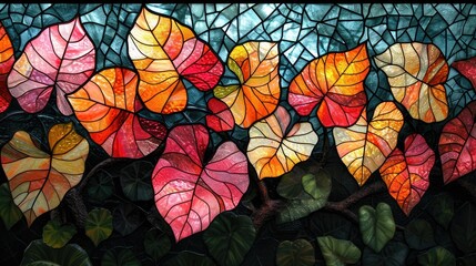 Fototapeta na wymiar Stained glass window background with colorful Flower and Leaf abstract. 