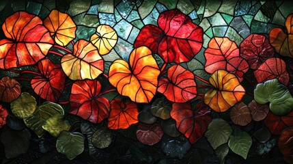 Fototapeta na wymiar Stained glass window background with colorful Flower and Leaf abstract. 