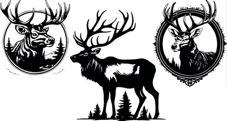 elk head silhouette collection set. deer, moose. animal, horn, jungle, hunting concept. great set collection clip art Silhouette , Black vector illustration on white background. - obrazy, fototapety, plakaty