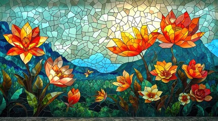 Stained glass window background with colorful Flower and Leaf abstract.	