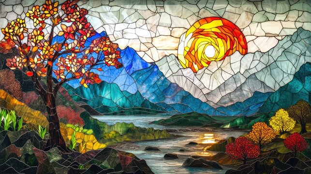 Stained glass window background with colorful	