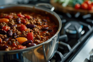 Cozy Homemade Chili in Pot on Stove.