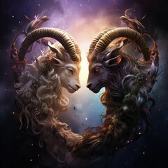 a couple of rams standing next to each other - obrazy, fototapety, plakaty