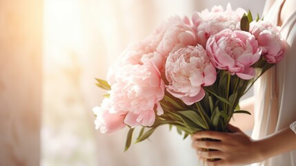 Women's hands holding a bouquet of pink peonies for congratulations on Mother's Day, Valentine's Day, women's Day. Blurred background. - obrazy, fototapety, plakaty