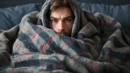 Man wrapped in a warm blanket.