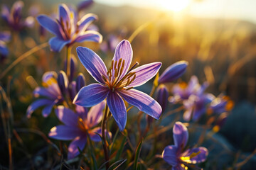 Obraz na płótnie Canvas Purple Wildflowers Bathing in Golden Sunset Light.