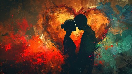 Couple kissing on abstract colorful grunge background. Love concept