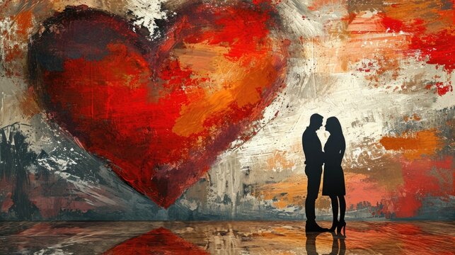 Silhouette of a loving couple against red and orange painted heart