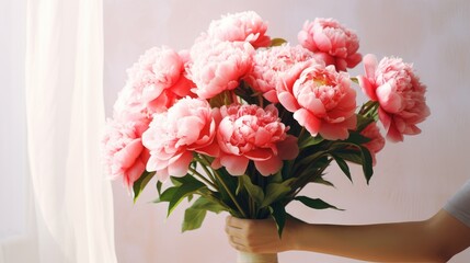 Women's hands holding a bouquet of pink peonies for congratulations on Mother's Day, Valentine's Day, women's Day. Blurred background.