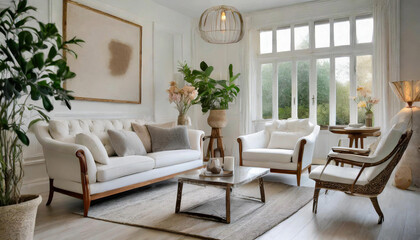 White sofa and armchairs in scandinavian style home interior design of modern living room