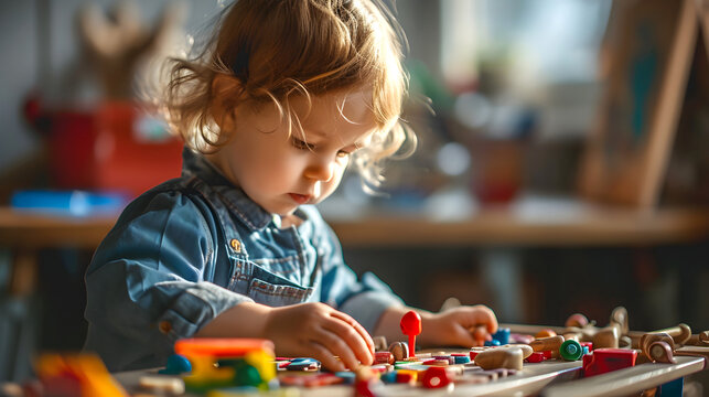 Portrait of child playing with Montessori toys. Hands-on learning and real world skills development. Close-up.