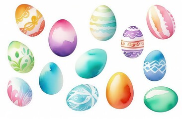 Fototapeta na wymiar Set of simple watercolor drawn multi-colored Easter eggs in pastel color isolated on isolated white background in uniform style
