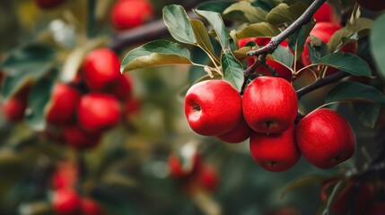 Obraz premium Red Apple fruit on the tree, Red apples ready to be harvested. Red apples in the apple orchard.